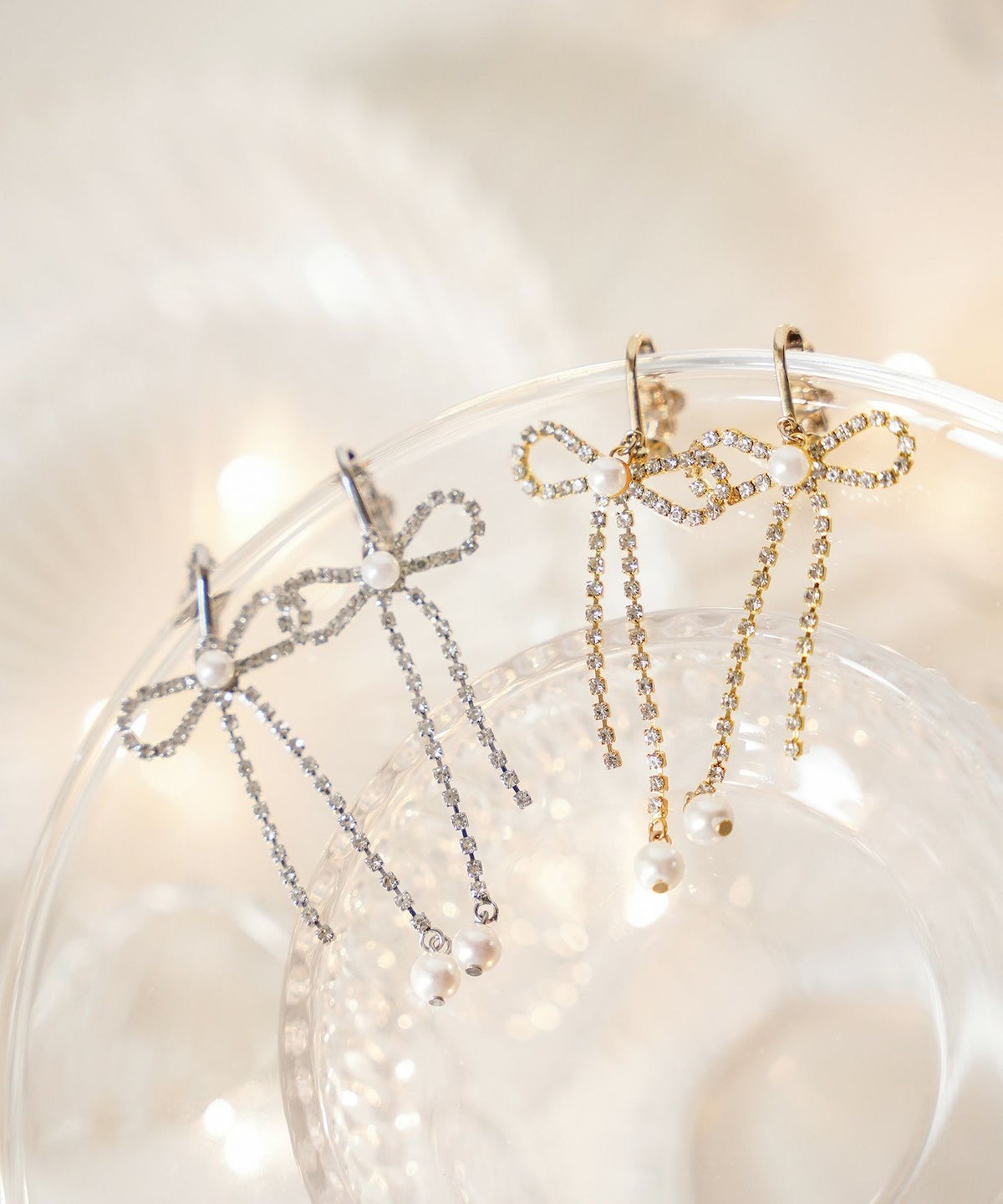 アクセサリー イヤリング リボン スイング ストーン パール 上品 エレガント シルバー ゴールド