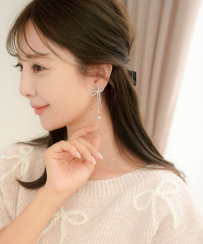 アクセサリー イヤリング リボン スイング ストーン パール 上品 エレガント シルバー ゴールド