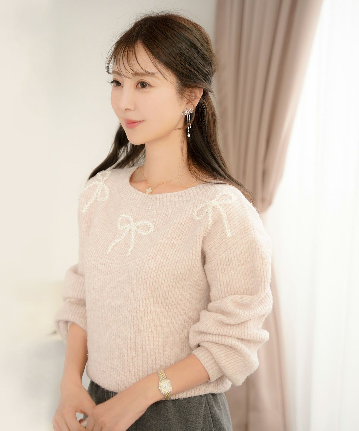 アクセサリー イヤリング リボン スイング ストーン パール 上品 エレガント シルバー ゴールド