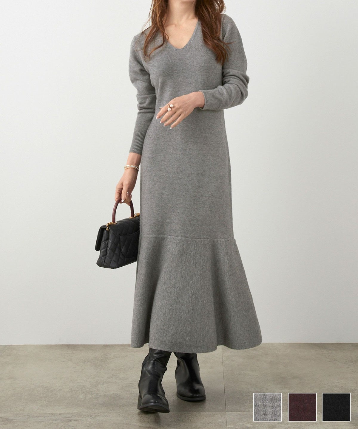 手洗い可 レディース 長袖 大人可愛い 上品 きれいめ オフィス 大人カジュアル フェミニン ジョイントスペース マーメイド Vネック ニット ワンピース Liala×PG