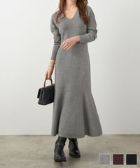 手洗い可 レディース 長袖 大人可愛い 上品 きれいめ オフィス 大人カジュアル フェミニン ジョイントスペース マーメイド Vネック ニット ワンピース Liala×PG