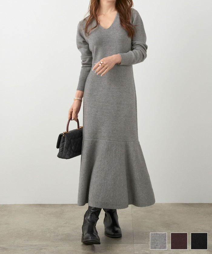 手洗い可 レディース 長袖 大人可愛い 上品 きれいめ オフィス 大人カジュアル フェミニン ジョイントスペース マーメイド Vネック ニット ワンピース Liala×PG