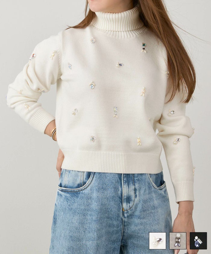 手洗い可レディース長袖大人可愛い上品きれいめオフィス大人カジュアルフェミニンジョイントスペース ビジュー＆パール オフタートル ニット Liala×PG