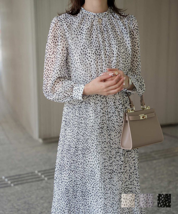 レディース ワンピース レオパード 長袖 スタンドカラー プリーツワンピース プリーツ きれいめ 上品 洗える ホワイト ライトグレー ブラック S M レオパード柄 プリーツ ワンピース HUIT