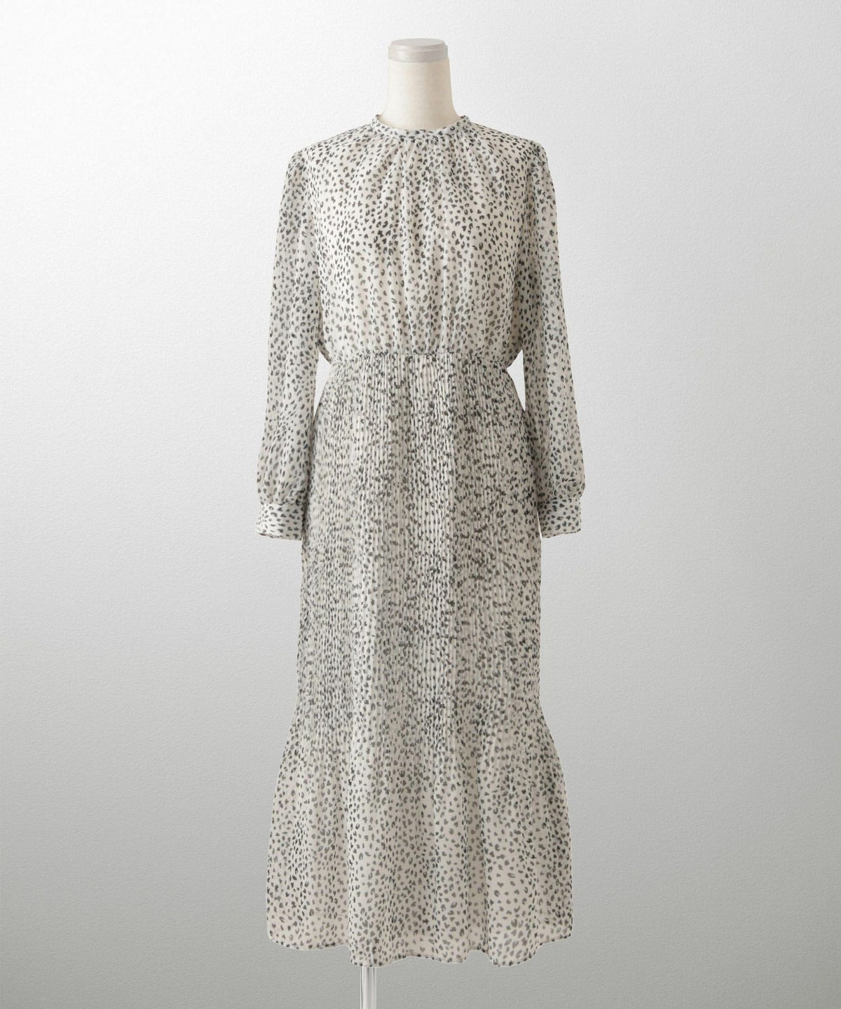 レディース ワンピース レオパード 長袖 スタンドカラー プリーツワンピース プリーツ きれいめ 上品 洗える ホワイト/ライトグレー/ブラック/S/M