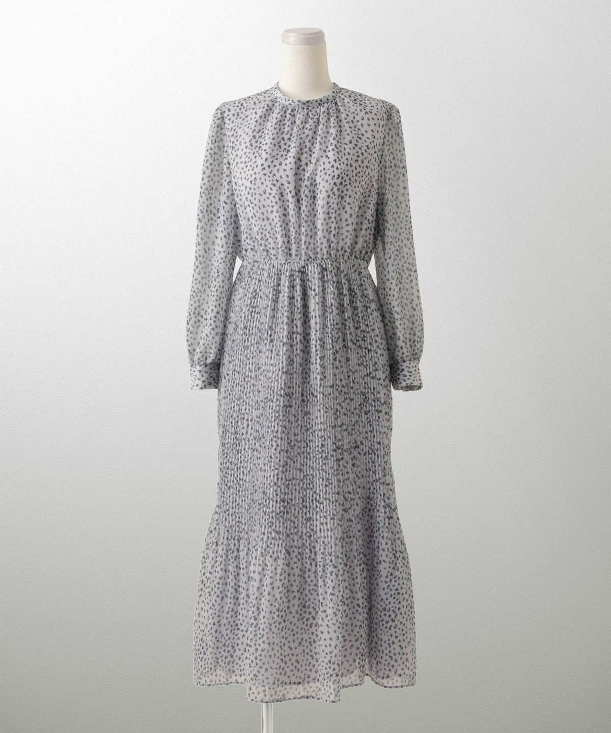 レディース ワンピース レオパード 長袖 スタンドカラー プリーツワンピース プリーツ きれいめ 上品 洗える ホワイト/ライトグレー/ブラック/S/M