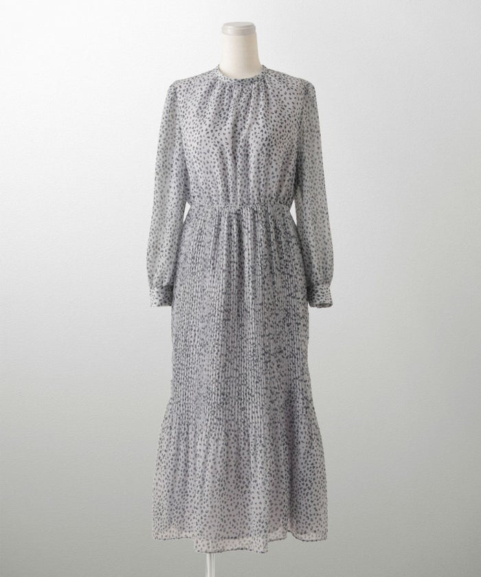 レディース ワンピース レオパード 長袖 スタンドカラー プリーツワンピース プリーツ きれいめ 上品 洗える ホワイト/ライトグレー/ブラック/S/M