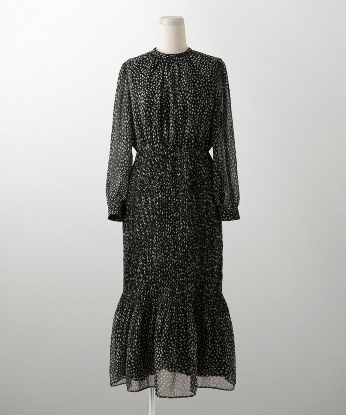 レディース ワンピース レオパード 長袖 スタンドカラー プリーツワンピース プリーツ きれいめ 上品 洗える ホワイト/ライトグレー/ブラック/S/M