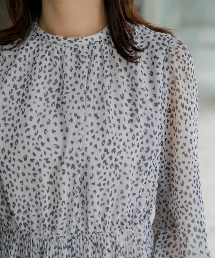 レディース ワンピース レオパード 長袖 スタンドカラー プリーツワンピース プリーツ きれいめ 上品 洗える ホワイト/ライトグレー/ブラック/S/M