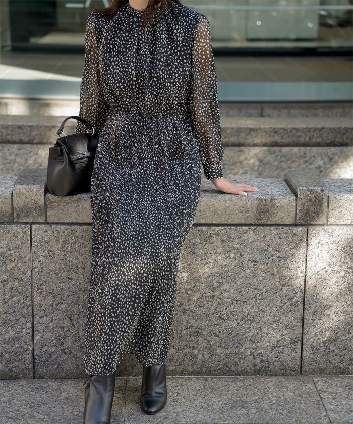 レディース ワンピース レオパード 長袖 スタンドカラー プリーツワンピース プリーツ きれいめ 上品 洗える ホワイト/ライトグレー/ブラック/S/M