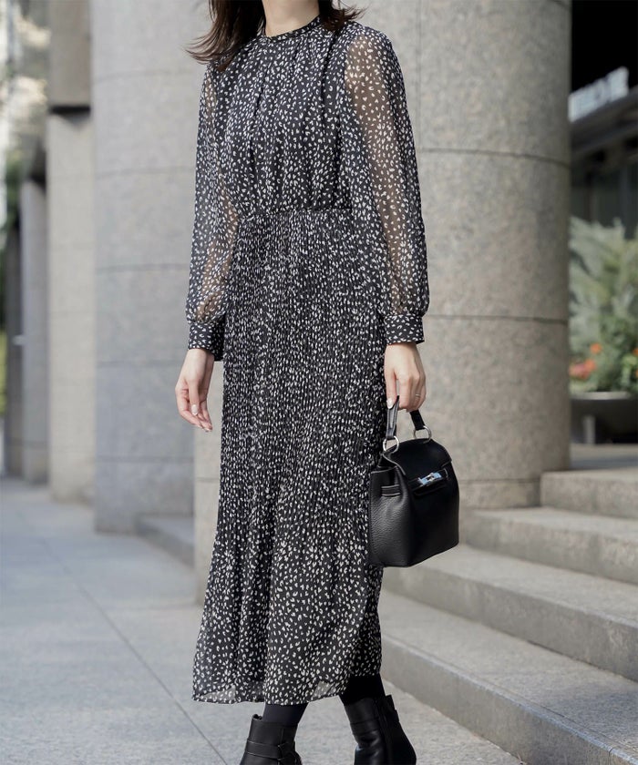 レディース ワンピース レオパード 長袖 スタンドカラー プリーツワンピース プリーツ きれいめ 上品 洗える ホワイト/ライトグレー/ブラック/S/M