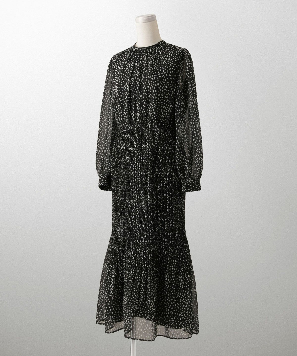 レディース ワンピース レオパード 長袖 スタンドカラー プリーツワンピース プリーツ きれいめ 上品 洗える ホワイト/ライトグレー/ブラック/S/M