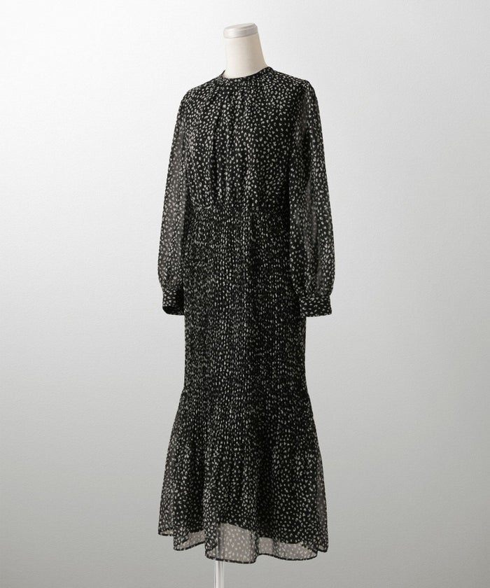 レディース ワンピース レオパード 長袖 スタンドカラー プリーツワンピース プリーツ きれいめ 上品 洗える ホワイト/ライトグレー/ブラック/S/M