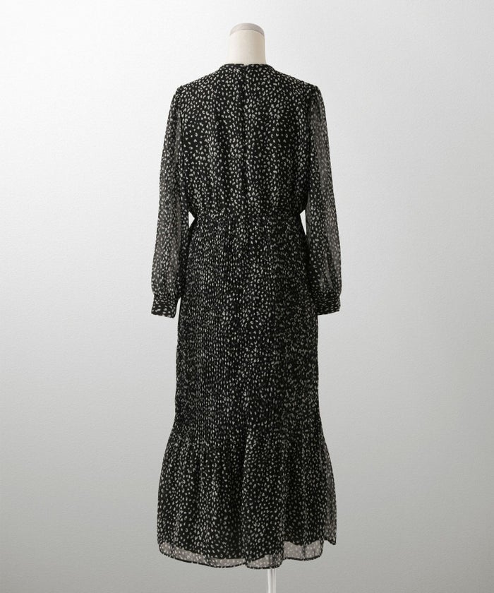 レディース ワンピース レオパード 長袖 スタンドカラー プリーツワンピース プリーツ きれいめ 上品 洗える ホワイト/ライトグレー/ブラック/S/M