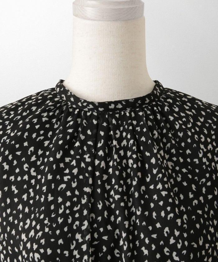 レディース ワンピース レオパード 長袖 スタンドカラー プリーツワンピース プリーツ きれいめ 上品 洗える ホワイト/ライトグレー/ブラック/S/M