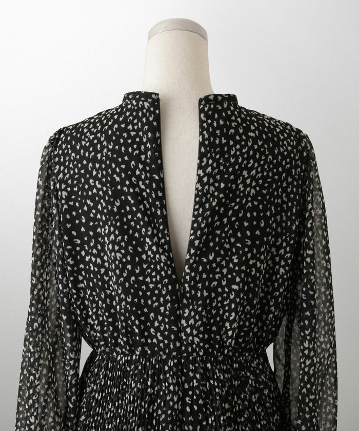 レディース ワンピース レオパード 長袖 スタンドカラー プリーツワンピース プリーツ きれいめ 上品 洗える ホワイト/ライトグレー/ブラック/S/M