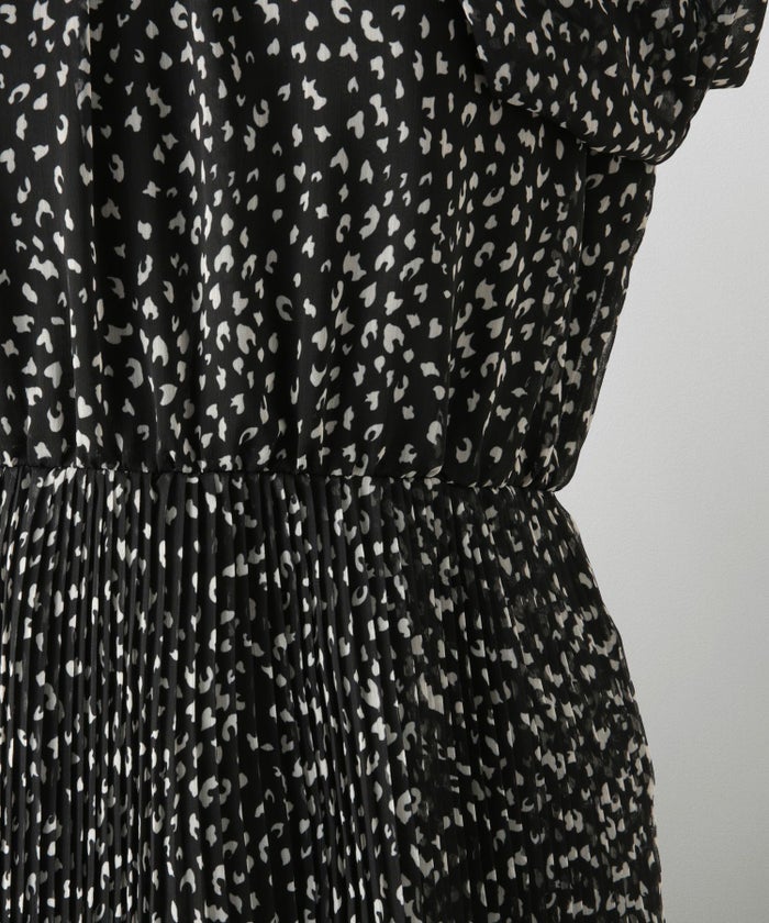 レディース ワンピース レオパード 長袖 スタンドカラー プリーツワンピース プリーツ きれいめ 上品 洗える ホワイト/ライトグレー/ブラック/S/M