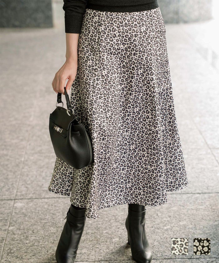 レオパード柄 セミフレア スカート レディース オールシーズン レオパード柄 セミフレア フレアスカート ミモレ丈 アイボリー ブラック S M レオパード柄 セミフレア スカート HUIT