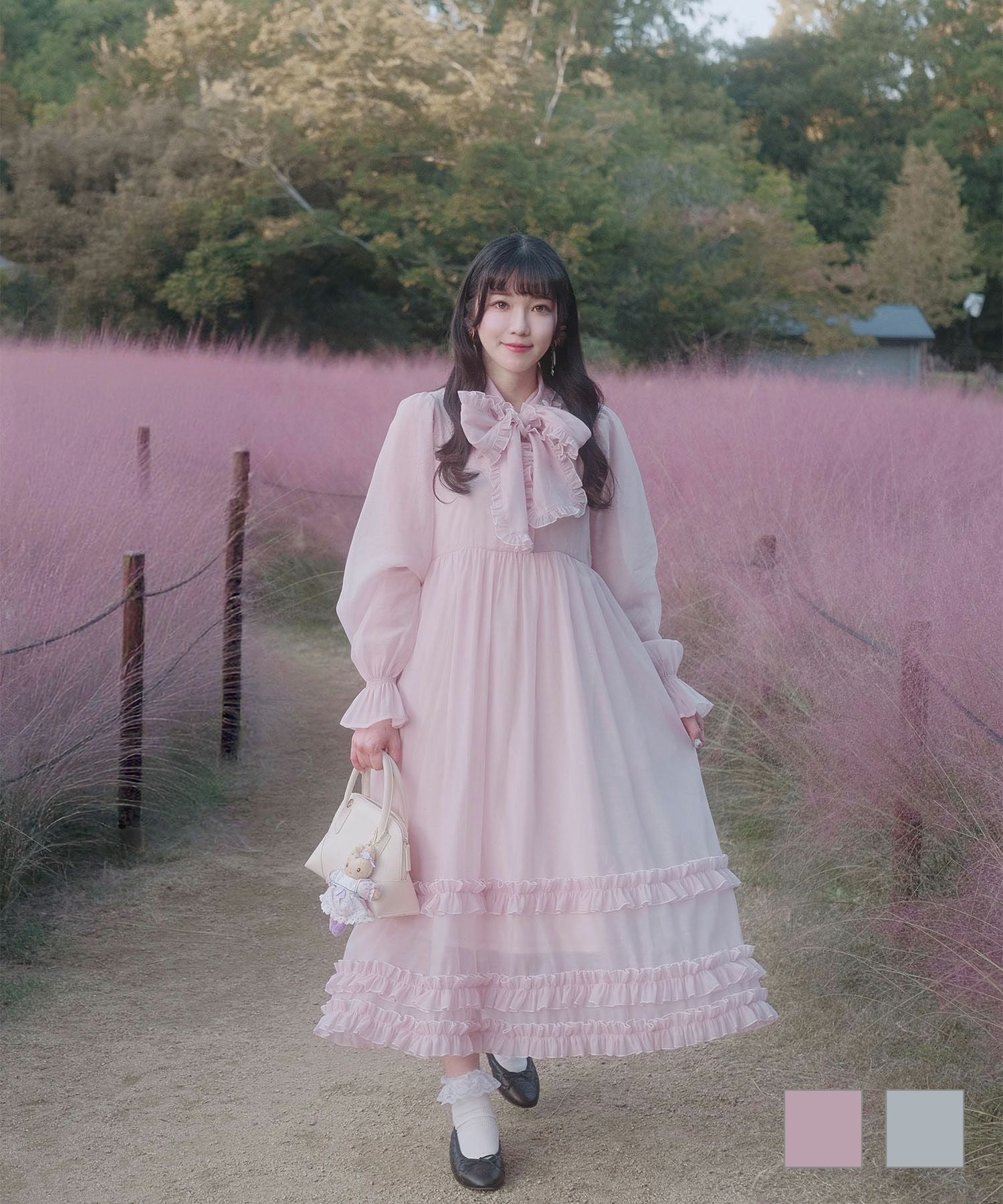 取り外し ボウタイ ロング ワンピース Bow-Tie Ruffle Tiered Dress