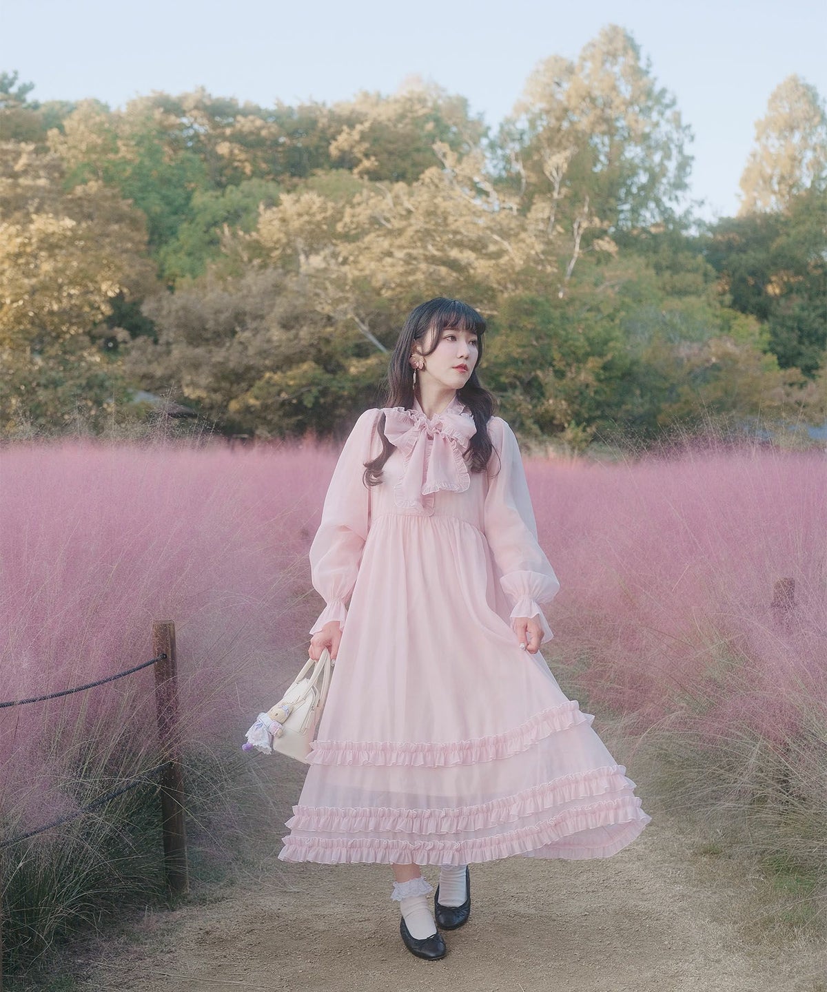 > 取り外し ボウタイ ロング ワンピース miolite ピンク ブルーグレー