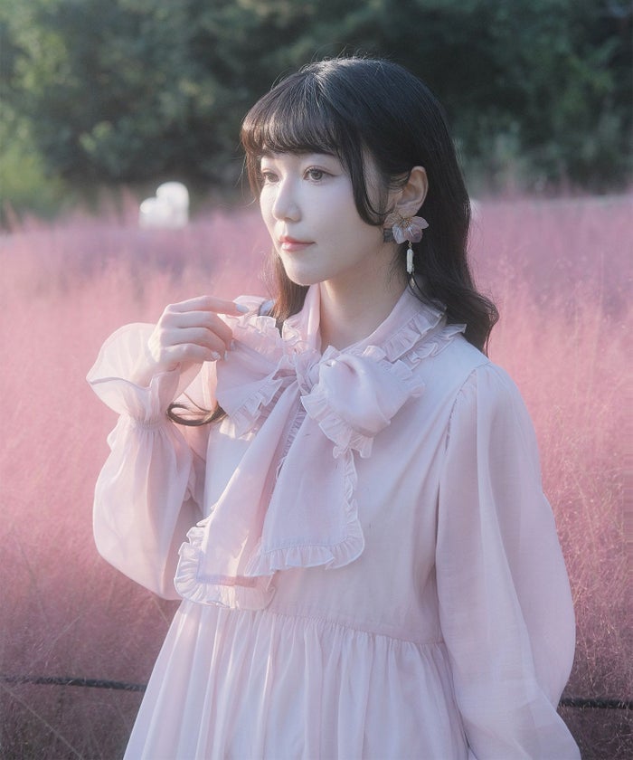 > 取り外し ボウタイ ロング ワンピース miolite ピンク ブルーグレー