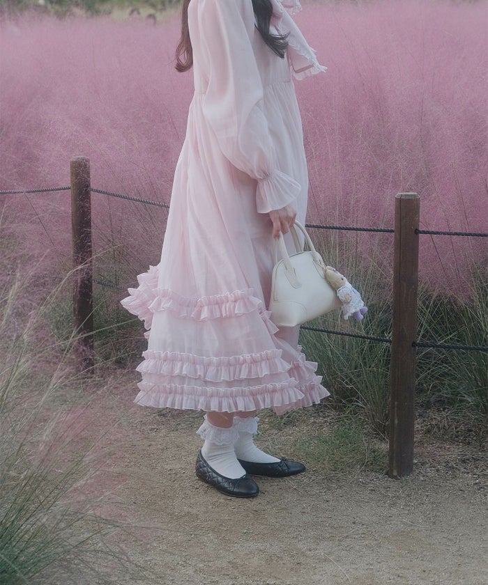 > 取り外し ボウタイ ロング ワンピース miolite ピンク ブルーグレー