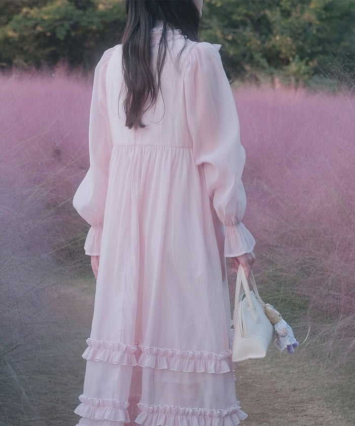 > 取り外し ボウタイ ロング ワンピース miolite ピンク ブルーグレー