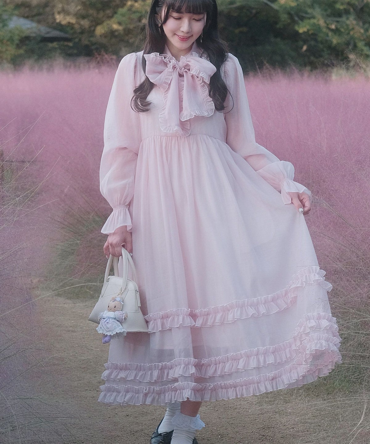 > 取り外し ボウタイ ロング ワンピース miolite ピンク ブルーグレー