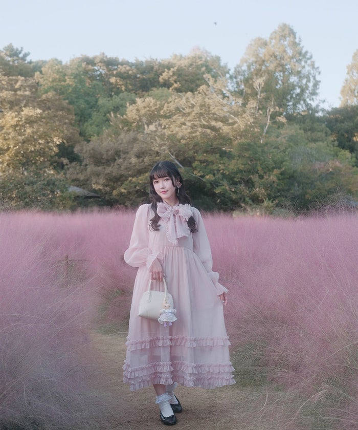 > 取り外し ボウタイ ロング ワンピースmiolite ピンク ブルーグレー