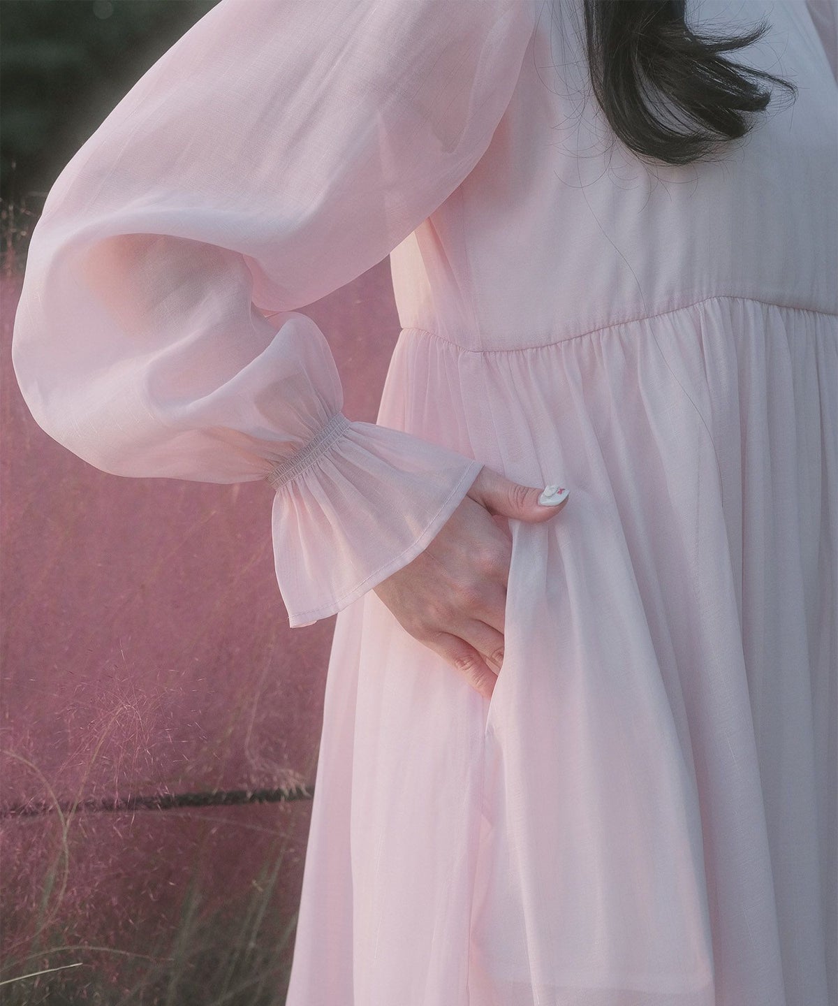 > 取り外し ボウタイ ロング ワンピース miolite ピンク ブルーグレー