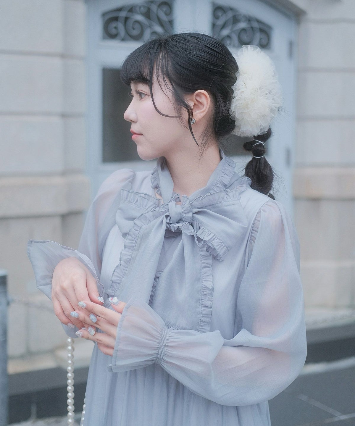 > 取り外し ボウタイ ロング ワンピース miolite ピンク ブルーグレー