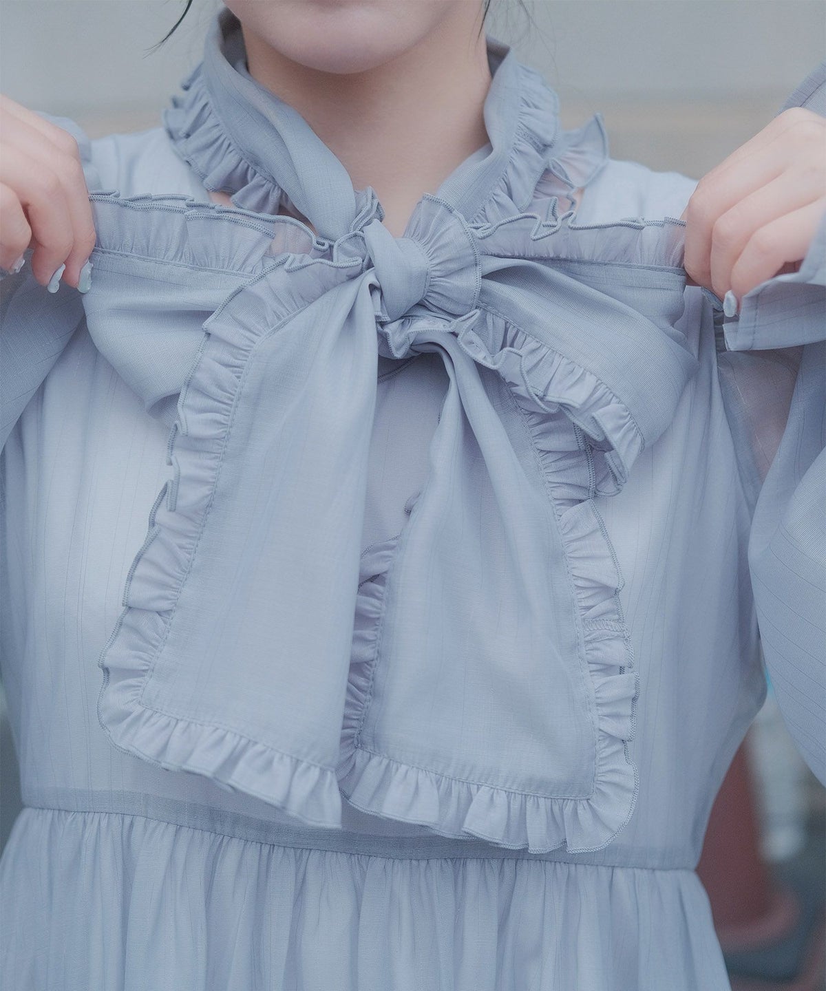 > 取り外し ボウタイ ロング ワンピース miolite ピンク ブルーグレー