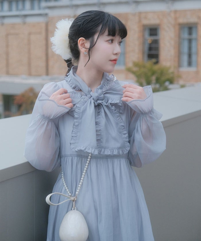 > 取り外し ボウタイ ロング ワンピース miolite ピンク ブルーグレー