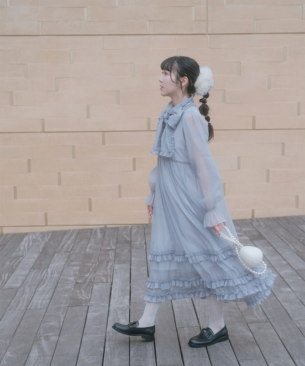 > 取り外し ボウタイ ロング ワンピース miolite ピンク ブルーグレー