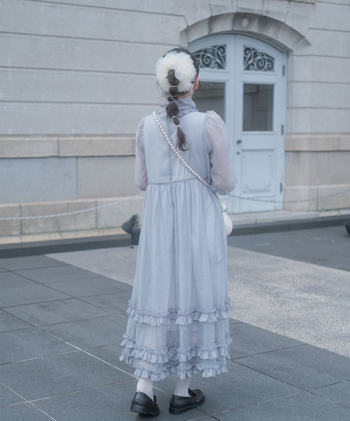 > 取り外し ボウタイ ロング ワンピース miolite ピンク ブルーグレー