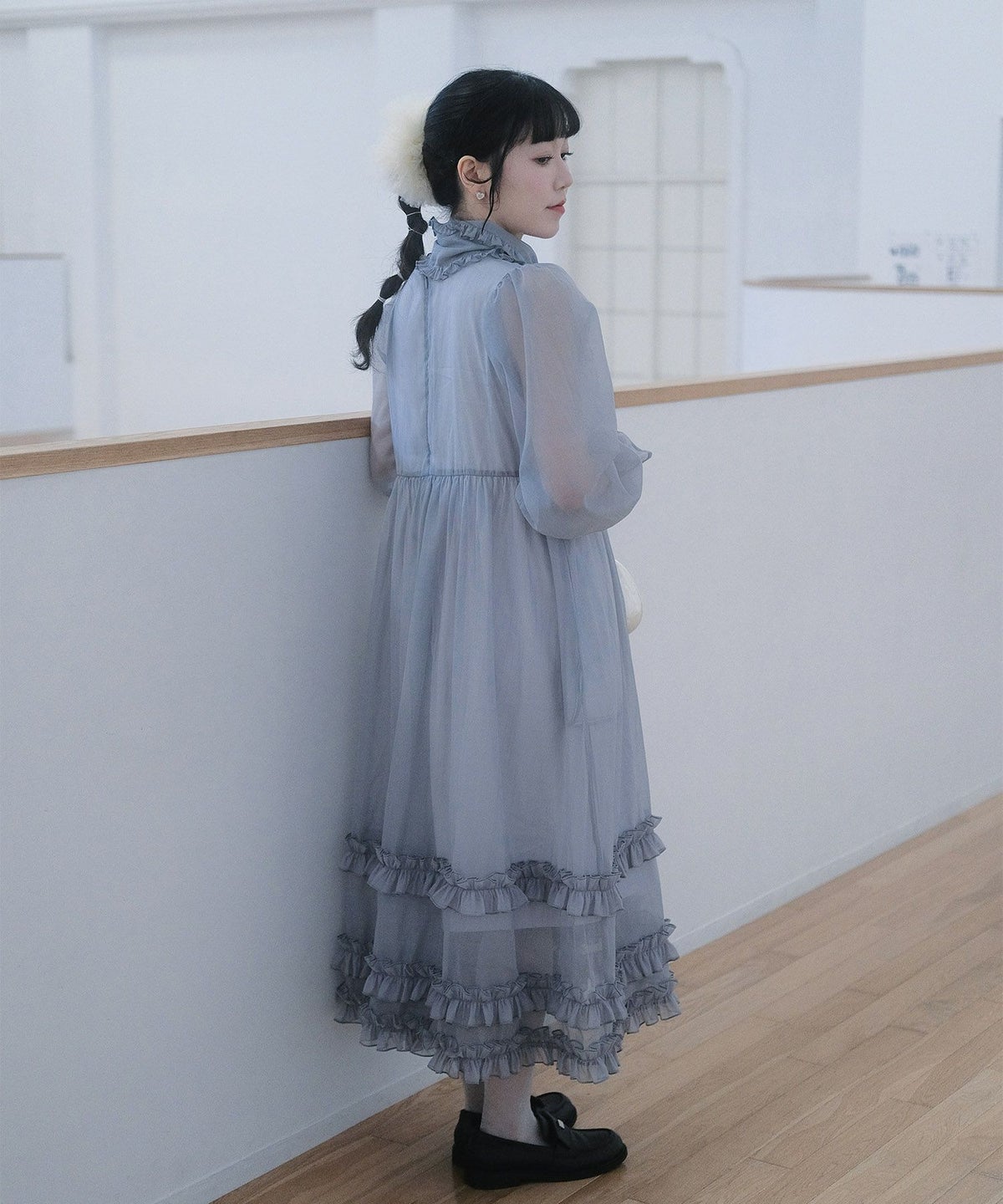 > 取り外し ボウタイ ロング ワンピース miolite ピンク ブルーグレー