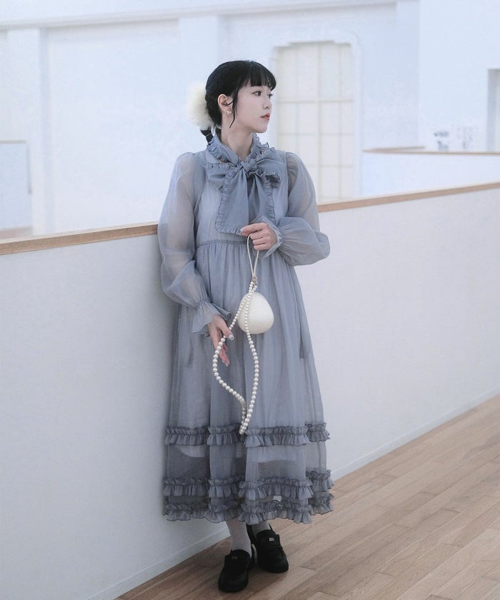 > 取り外し ボウタイ ロング ワンピース miolite ピンク ブルーグレー