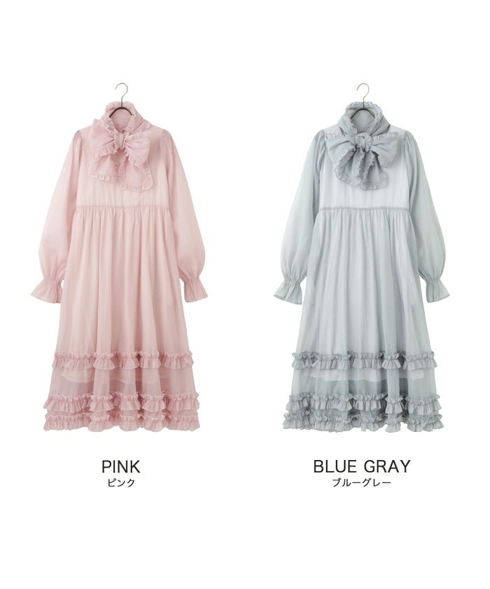 > 取り外し ボウタイ ロング ワンピース miolite ピンク ブルーグレー