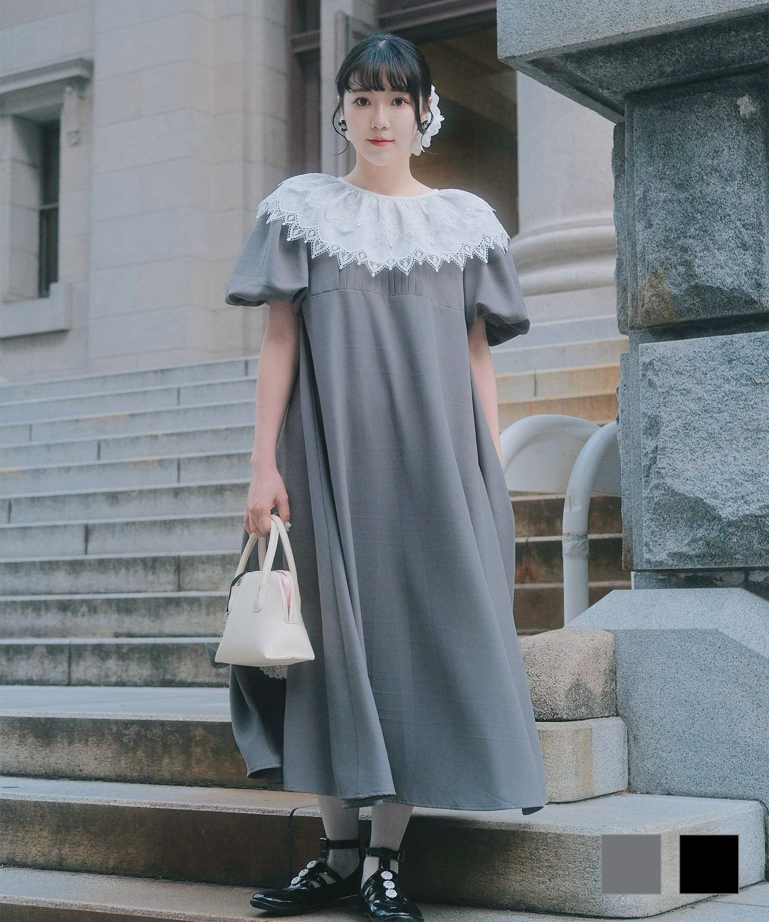 取り外し レースカラー Aライン ワンピース Lace Collar Puff Sleeve A-Line Dress