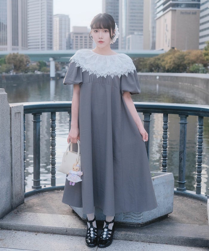 り外し レースカラー Aライン ワンピース miolite グレー ブラック