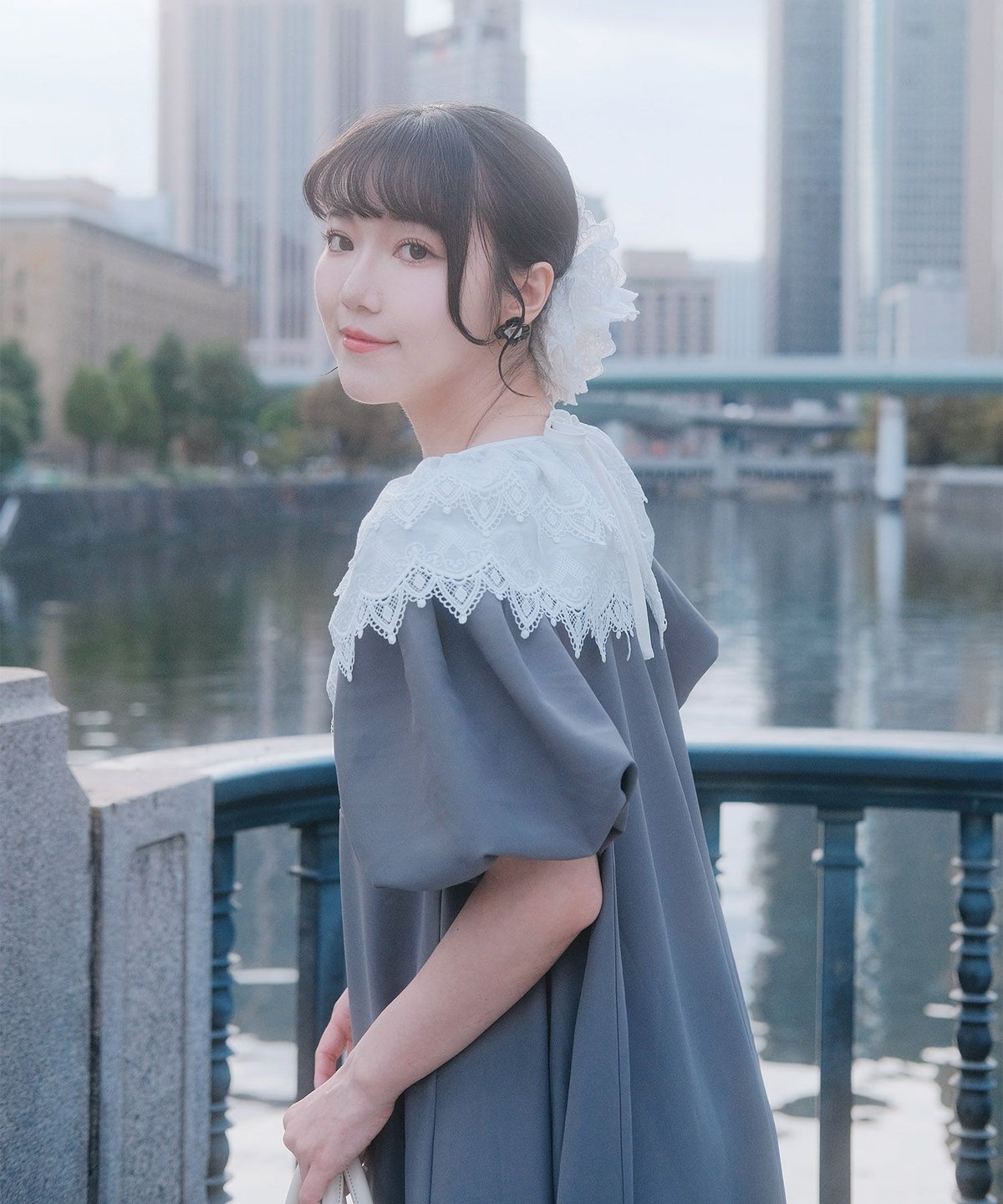 り外し レースカラー Aライン ワンピース miolite グレー ブラック