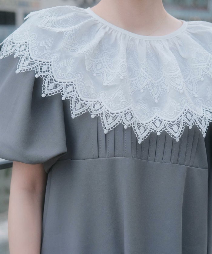 り外し レースカラー Aライン ワンピース miolite グレー ブラック