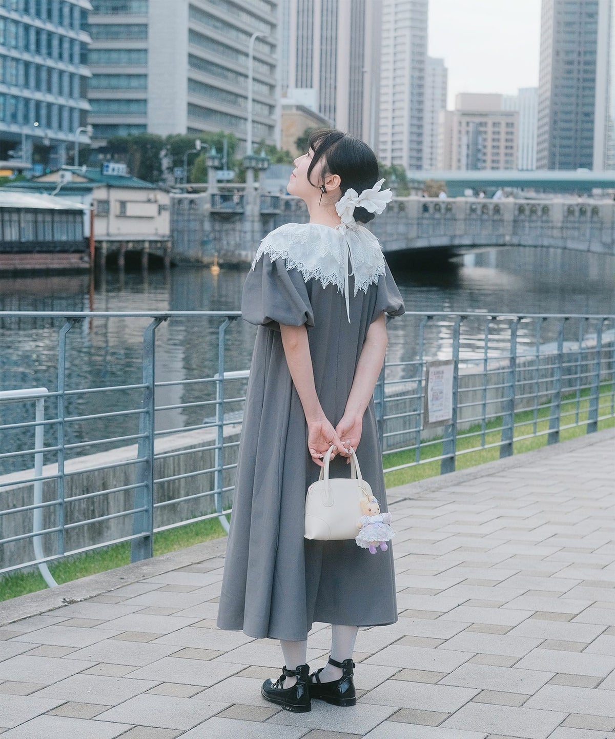 り外し レースカラー Aライン ワンピース miolite グレー ブラック