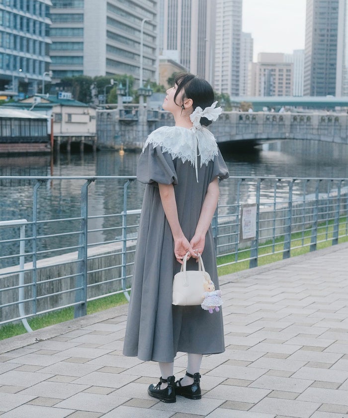 り外し レースカラー Aライン ワンピース miolite グレー ブラック