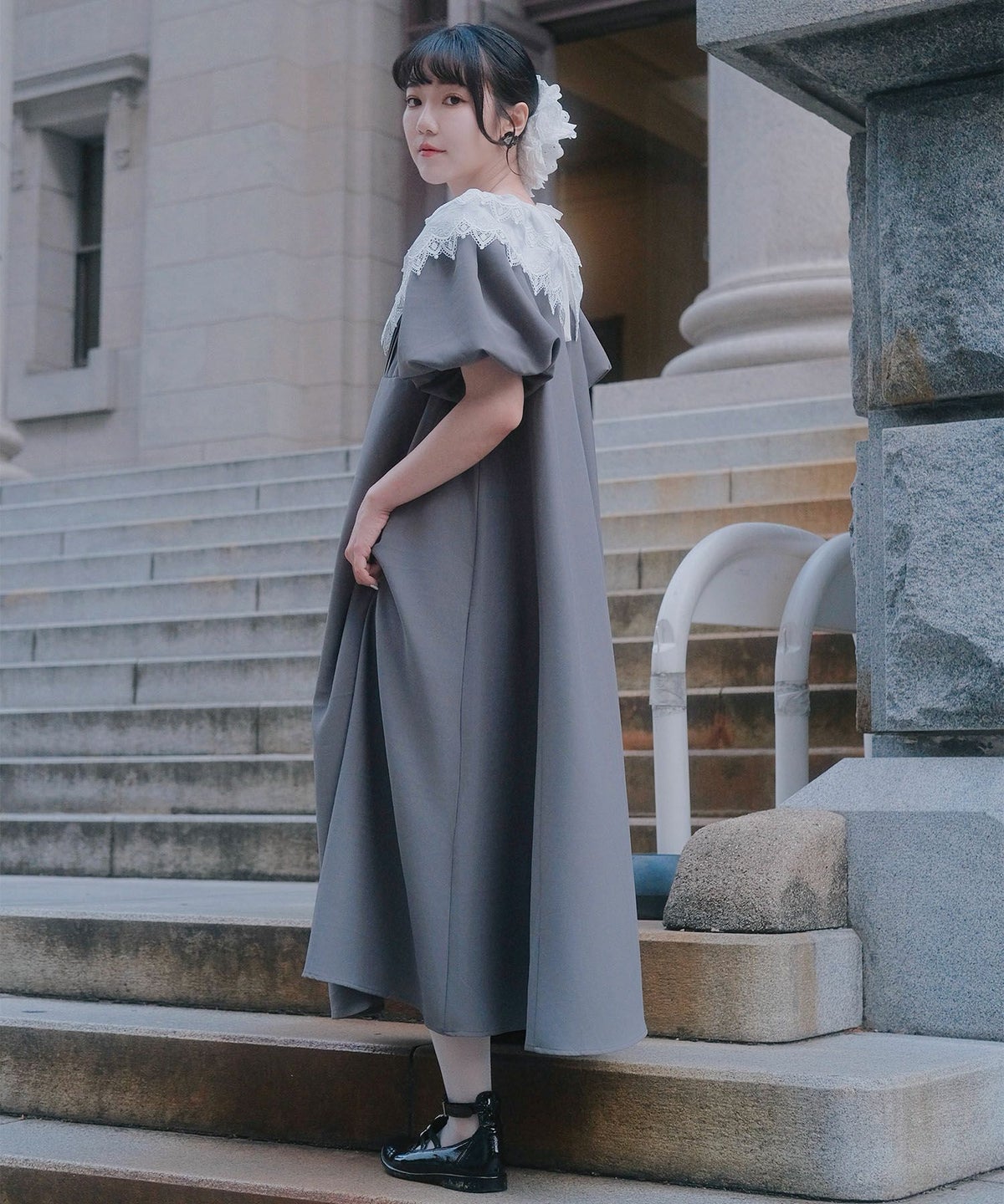 り外し レースカラー Aライン ワンピース miolite グレー ブラック