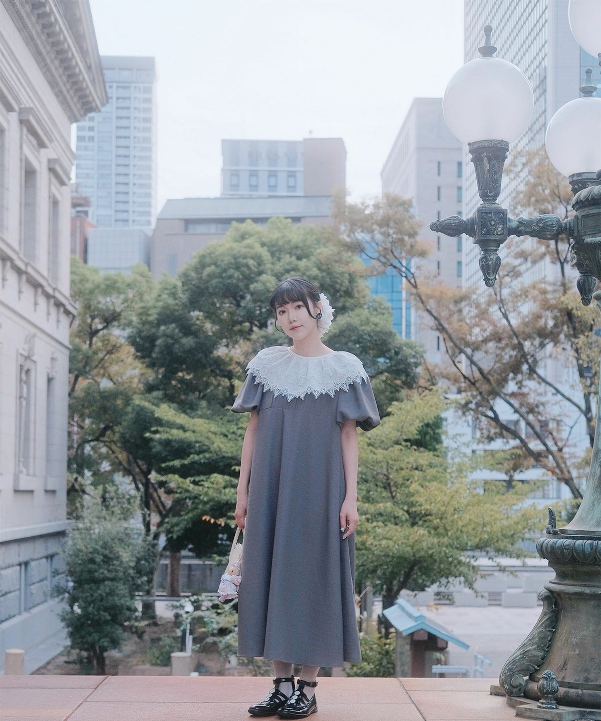 り外し レースカラー Aライン ワンピース miolite グレー ブラック