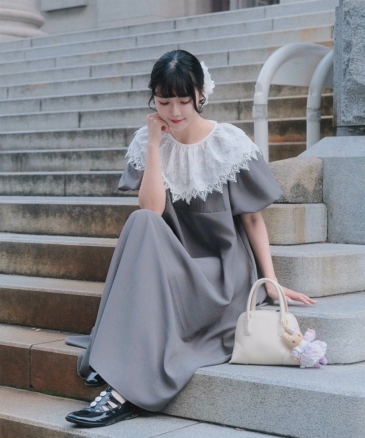 り外し レースカラー Aライン ワンピース miolite グレー ブラック