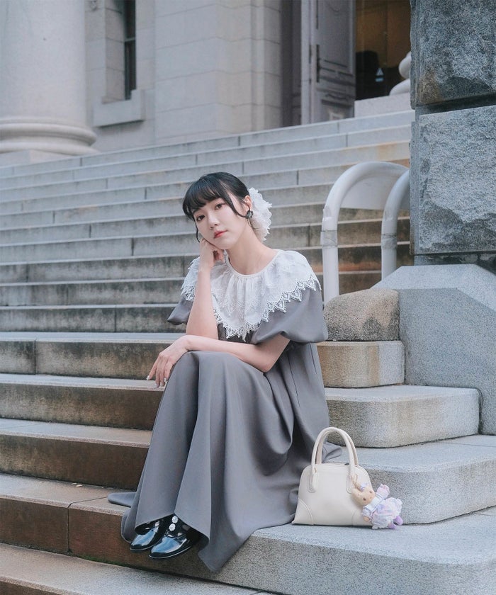 り外し レースカラー Aライン ワンピース miolite グレー ブラック