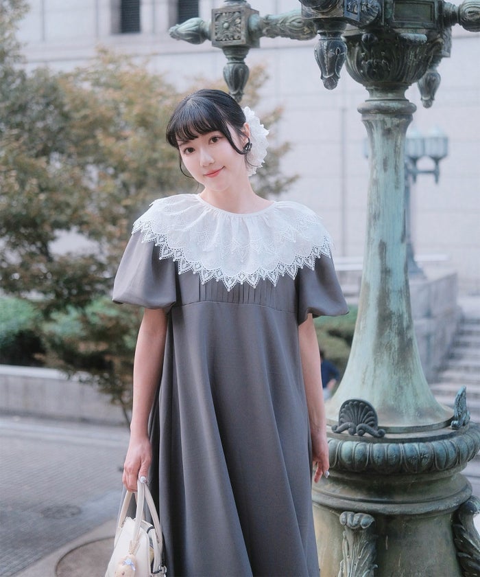 り外し レースカラー Aライン ワンピース miolite グレー ブラック