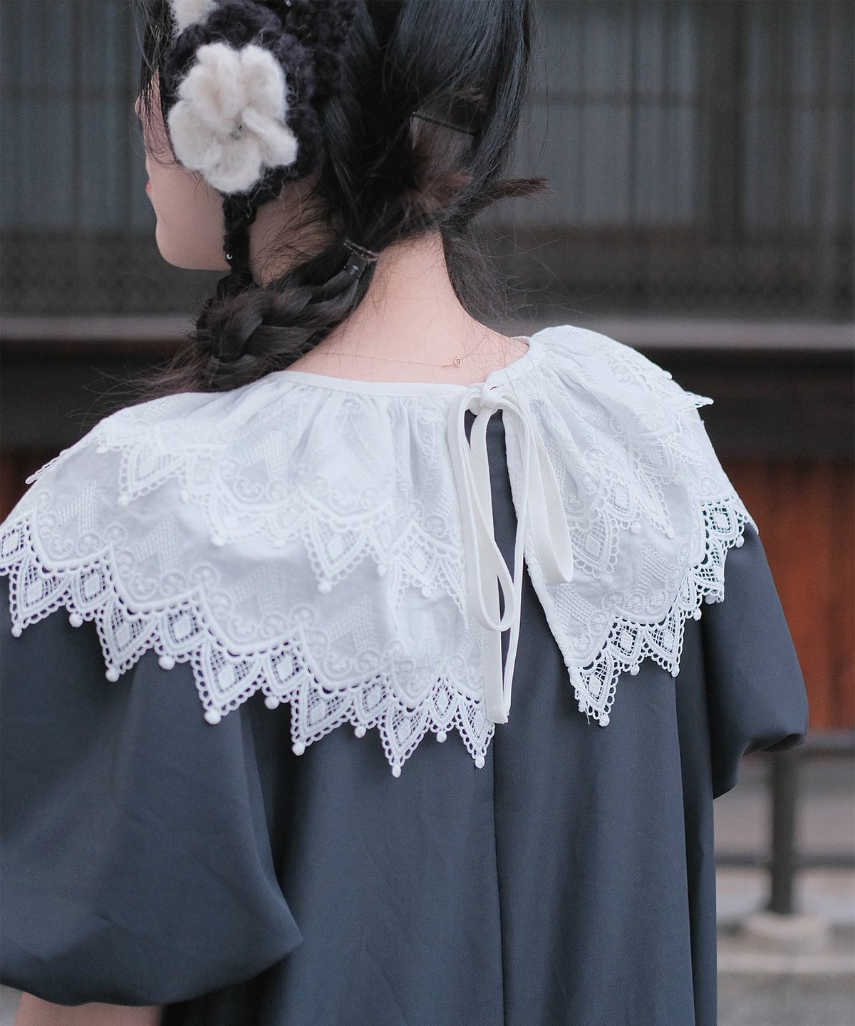 り外し レースカラー Aライン ワンピース miolite グレー ブラック